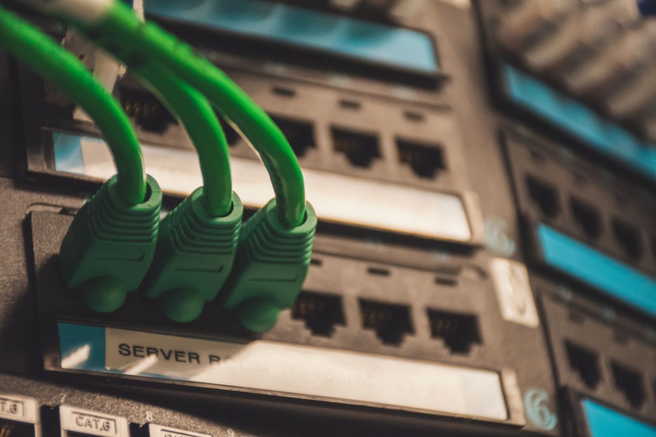 Home Close-up of green network cables plugged into server ports, showcasing technology setup.